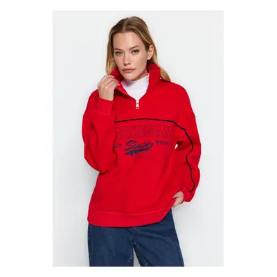 Trendyol Red Zipper Printed Oversize Thick Fleece Knitted Sweatshirt