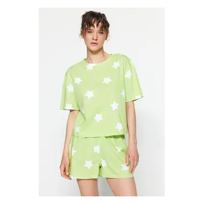 Trendyol Light Green 100% Cotton Star Patterned T-shirt-Shorts Knitted Pajama Set