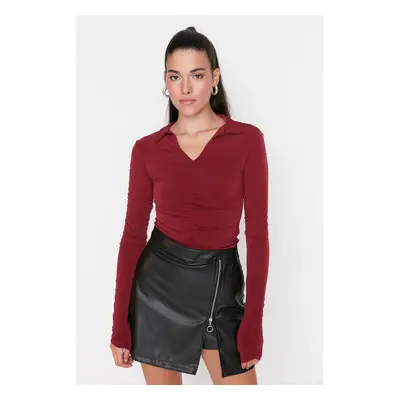 Trendyol Burgundy Slim Collected Polo Neck rugalmas kötött blúz