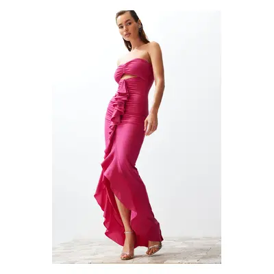 Trendyol Fuchsia Fitted Ruffled Knitted Long Evening Dress