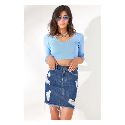 Olalook Women's Blue Mini Denim Skirt with Pockets and Torn Detail