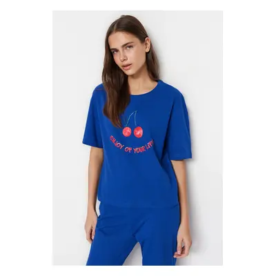 Trendyol Navy Blue Cotton Cherry Printed T-shirt-Pants Knitted Pajama Set