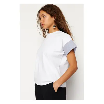 Trendyol White Relaxed Poplin Sleeve Detailed Knitted T-Shirt