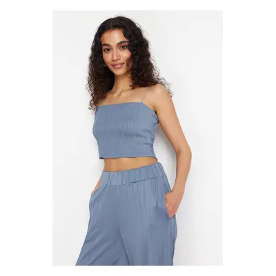 Trendyol Indigo Textured Fabric Strapless Collar Crop Knitted Blouse