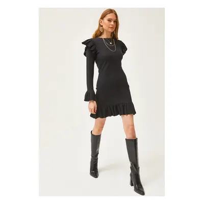 Olalook Women's Black Ruffle Detail Raised Ribbed Dress