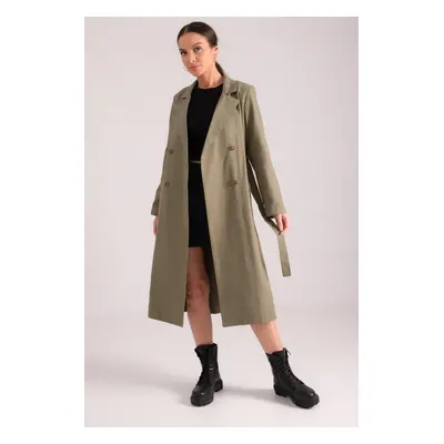 armonika Women's Khaki Double Breasted Collar Waist Belted Long Trench Coat with Pocket