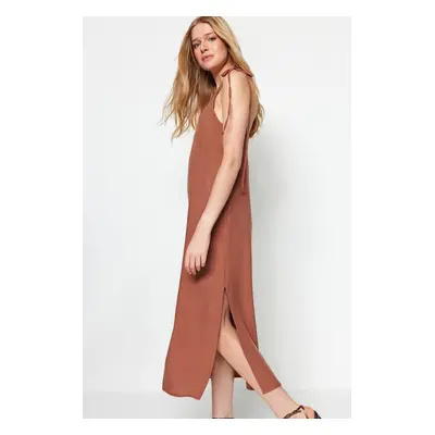 Trendyol Brown Straight Cut Slit Strappy Maxi Woven Dress