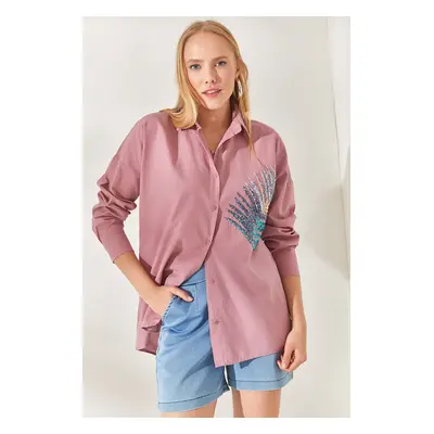 Olalook Pale Pink Palm Sequin Detailed Oversize Woven Poplin Shirt