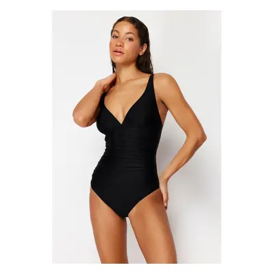 Trendyol Black V Neck Draped Regular Swimsuit