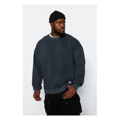 Trendyol Anthracite Plus Size Oversize/Wide Cut Wash Effect 100% Sweatshirt