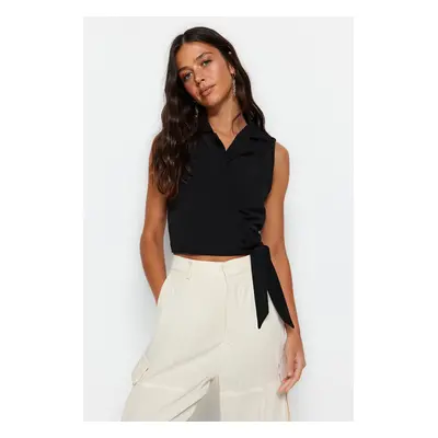 Trendyol Black Tied Woven Linen Look Blouse