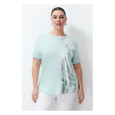 Trendyol Curve Mint Foil Print Detailed Boyfriend Knitted T-shirt