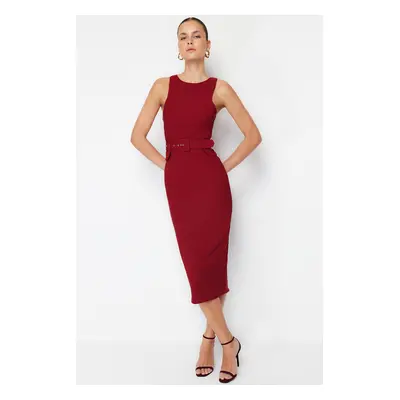 Trendyol Burgundy Belted Bodycon Sleeveless Midi Pencil Skirt Woven Dress