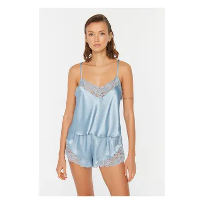 Trendyol Blue Laced Rope Strap Satin Woven Pajama Set