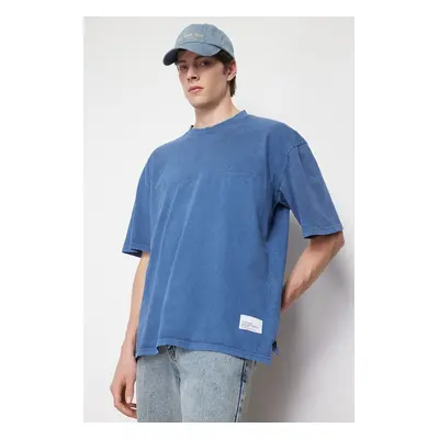 Trendyol Indigo Oversize/Wide Cut Stitched Label Faded Effect 100% Cotton T-Shirt