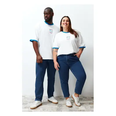 Trendyol Plus Size Ecru Unisex Oversize Comfy 100% Cotton Embroidered Color Block Couple T-Shirt