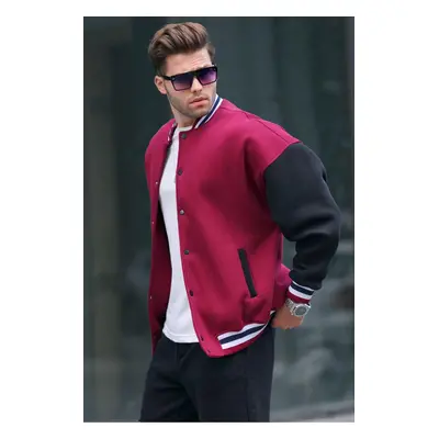 Madmext Burgundy Oversize Printed College Jacket