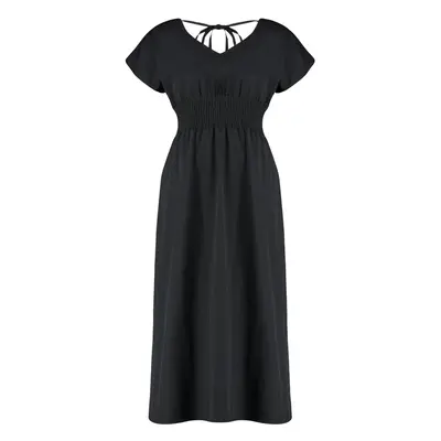 Trendyol Curve Black V Neck Woven Dress with Gathered Waist