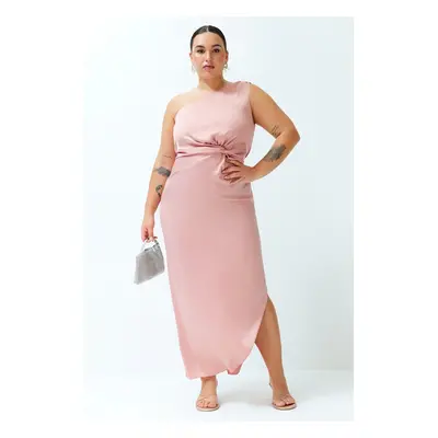 Trendyol Curve Pink Satin Chic Asymmetrical Single Sleeve Long Woven Dress