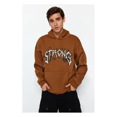 Trendyol Light Brown Oversize/Wide Cut Fleece/Warm Text Embroidered Sweatshirt