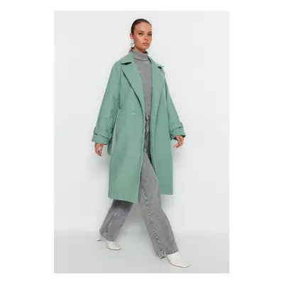 Trendyol Mint Oversize széles szabású, öves hosszú gyapjú kabát