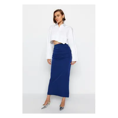 Trendyol Navy Blue Premium with a Glossy Finish and Soft Textured Draping Maxi Knitted Skirt