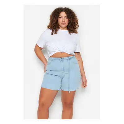 Trendyol Curve Light Blue Belted High Waist Straight Denim Shorts & Bermuda