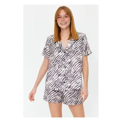 Trendyol Mink-Black Zebra Patterned Satin Shirt-Shorts Woven Pajama Set