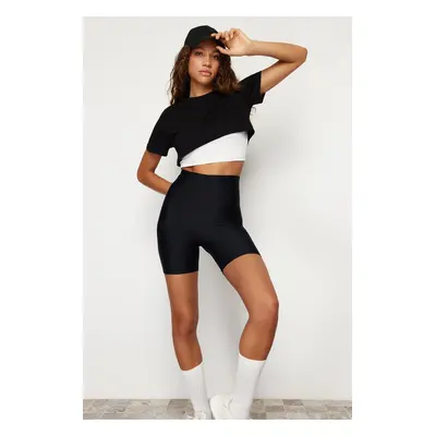 Trendyol Black White 100% Cotton Layer Reflective Printed Crop Knitted Sports T-Shirt