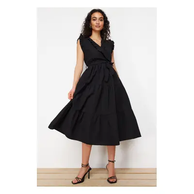 Trendyol Black Belted A-line Double-breasted Collar Midi Woven Dress