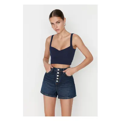 Trendyol Dark Blue High Waist Denim Shorts With Buttons