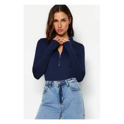 Trendyol Navy Blue Zipper Collar Detailed Snap Snap Elastic Knitted Bodysuit