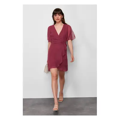 Trendyol Dusty Rose Double Breasted Skirt Ruffle Detailed Chiffon Lined Mini Woven Dress