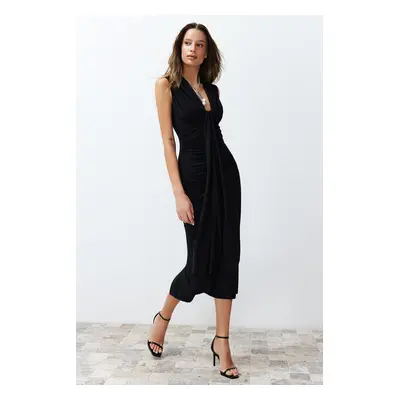 Trendyol Black Fitted Draped Knitted Elegant Evening Dress