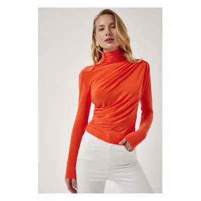 Happiness İstanbul Women's Orange Gathered Detailed High Neck Sandy Blouse