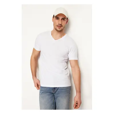 Trendyol White Regular/Normal Cut V-Neck Basic 100% Cotton T-Shirt