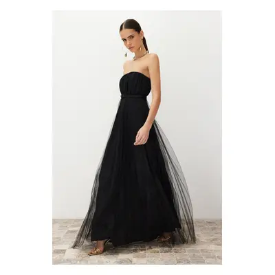 Trendyol Black A-Cut Knitted Tulle Long Elegant Evening Dress