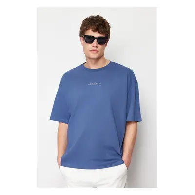 Trendyol Indigo Oversize/Wide Cut 100% Text Embroidered T-Shirt