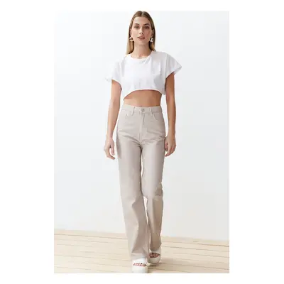 Trendyol Ecru Striped High Waist Wide Leg Jeans