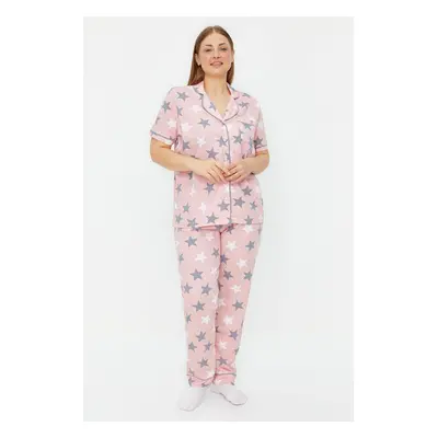 Trendyol Curve Powder Star Pattern Shirt Collar Knitted Pajamas Set