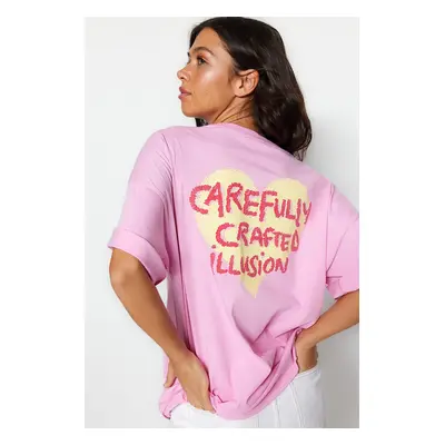 Trendyol Pink 100% Cotton Front and Back Embossed Printed Oversized/Wide Knitted T-Shirt