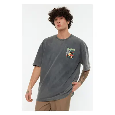 Trendyol Anthracite Oversize/Wide Cut Faded Effect Mystic Printed 100% Cotton T-Shirt