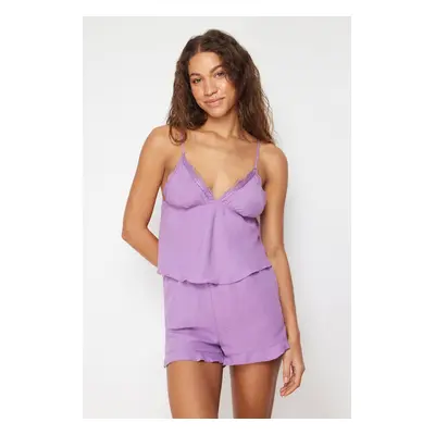 Trendyol Purple Lace and Ruffle Detailed Rope Strap Woven Pajama Set