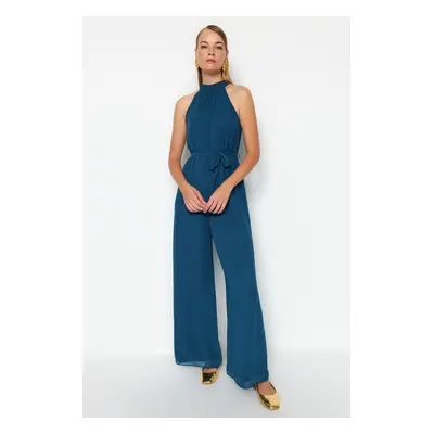 Trendyol Petrol Belted Maxi Chiffon Lined Woven Jumpsuit