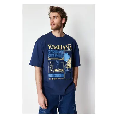 Trendyol Navy Blue Oversize/Wide Cut Headlight East Printed 100% T-Shirt