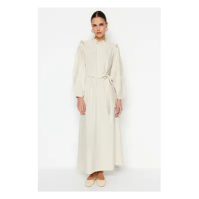 Trendyol Cream Belted Guipure and Ruffle Detailed Linen Blended Woven Dress