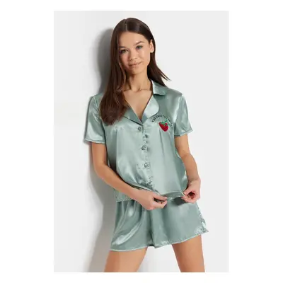 Trendyol Mint Embroidered Satin Shirt-Short Woven Pajamas Set