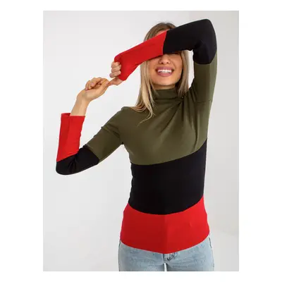 Khaki-red women's basic blouse with ribbed turtleneck