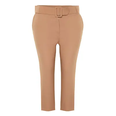 Trendyol Curve Brown Woven Belted Plus Size Fabric Trousers