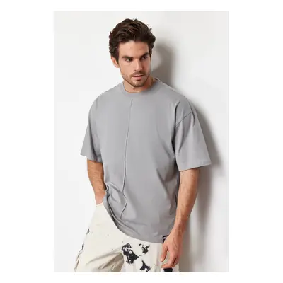 Trendyol Gray Oversize 100% Cotton T-Shirt with Stitching Detail